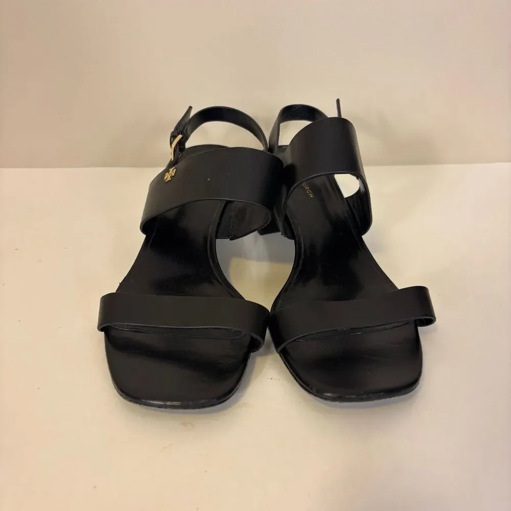 Tory Burch Black Leather Low Block Heel Sandals Size 8.5 - Picture 6 of 10